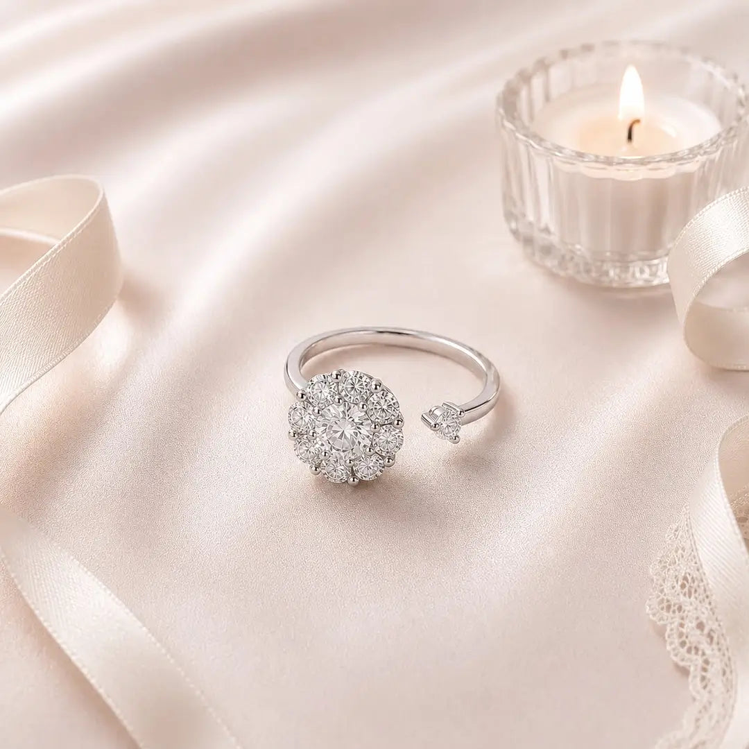 Model wearing the adjustable Éclat crystal ring