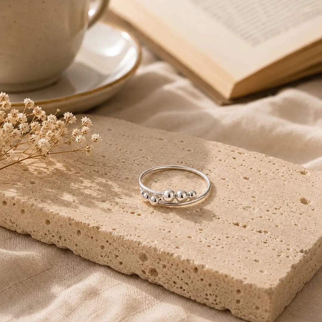Soléne ring detail, moving spheres design
